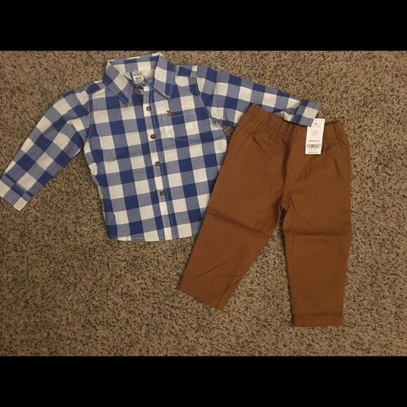Carter’s preppy polo outfit pants and button down shirt blue checkered - Picture 1 of 2